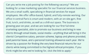 Screenshot of the prompt for an AI job posting generator