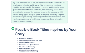 Screenshot of an AI book title generator prompt and response