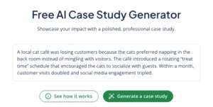 A screenshot showing QuillBot's AI case study generator with a sample prompt.