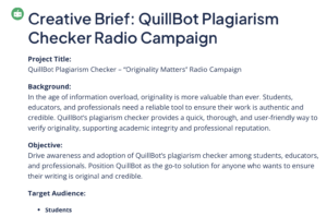 Screenshot of the output from QuillBot's creative brief generator