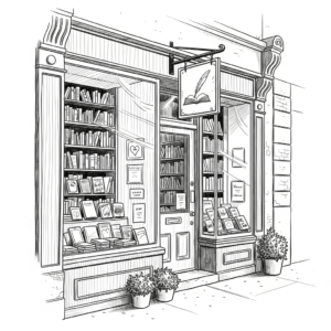 Ink sketch of a small vintage bookstore with a display window of books, created with an AI sketch generator.