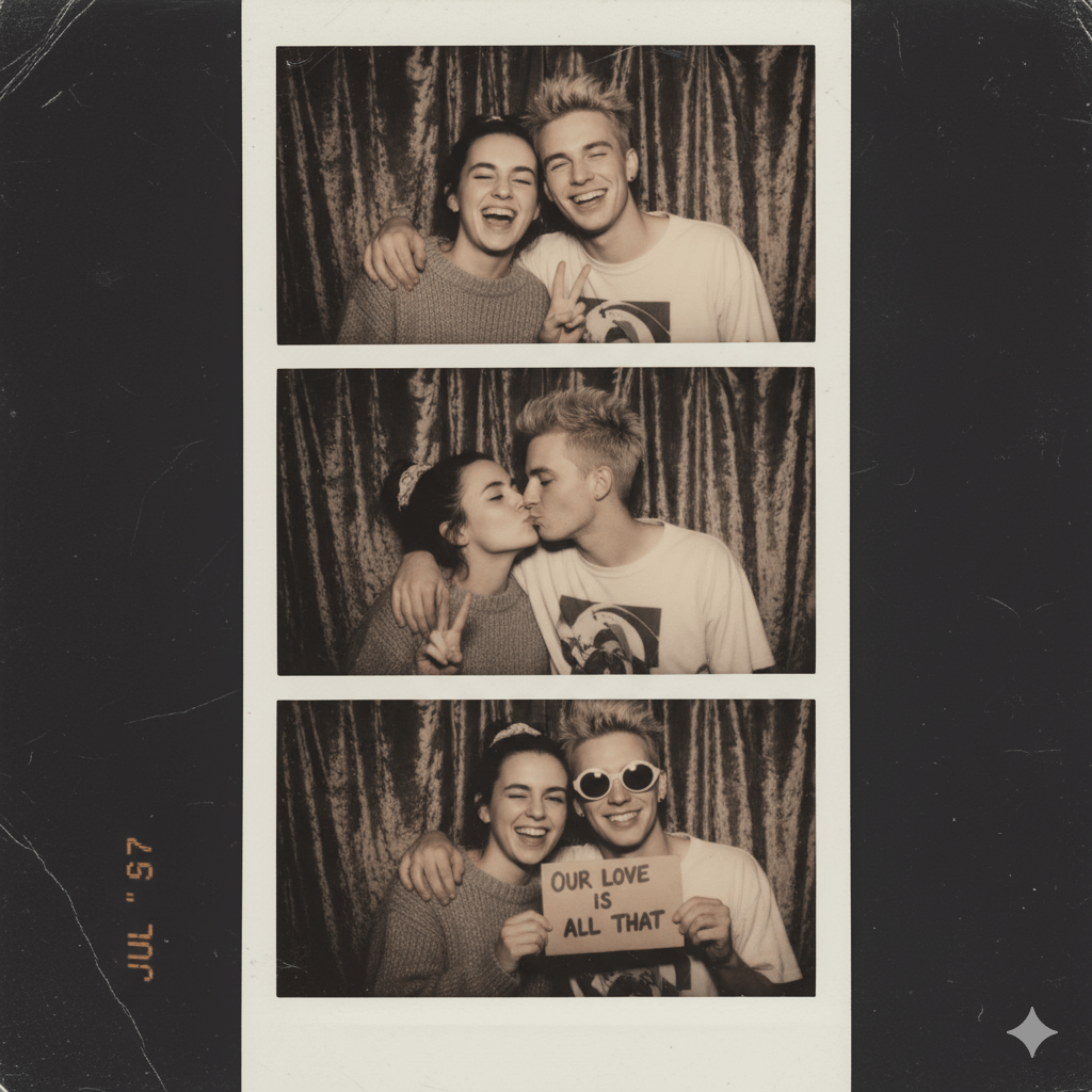Young couple in a 90s-inspired photo booth setting, styled with retro clothing and props, creating a nostalgic vibe.
