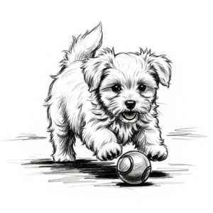 Charcoal sketch of a Maltese puppy mid-pounce while playing with a ball, created with an AI sketch generator.