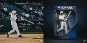 Two side-by-side images. The left shows a batter swinging as a baseball in a stadium. The right shows a boxed action figure version of this man.