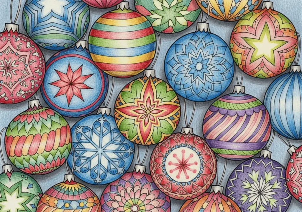 An AI-generated image of Christmas ornaments drawn in colored pencil