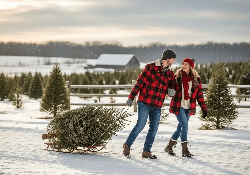 An AI-generated image of a couple pulling a Christmas tree on a sled