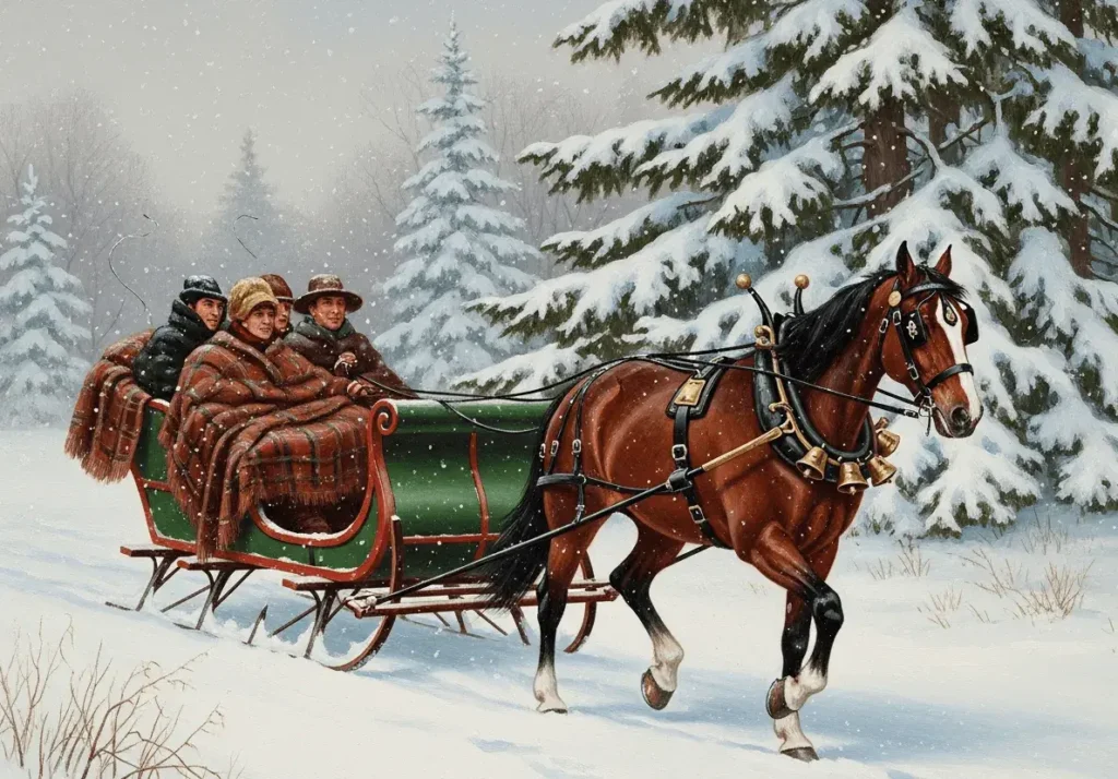 An AI-generated image of a snowy horse-drawn carriage ride