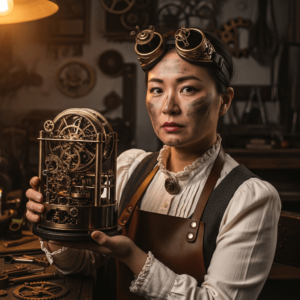 A woman with steampunk goggles holding a complicated-looking device with lots of gears