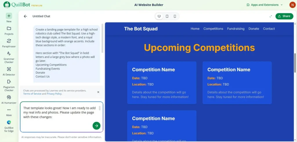 Robotics club website design from Quillbot's website maker