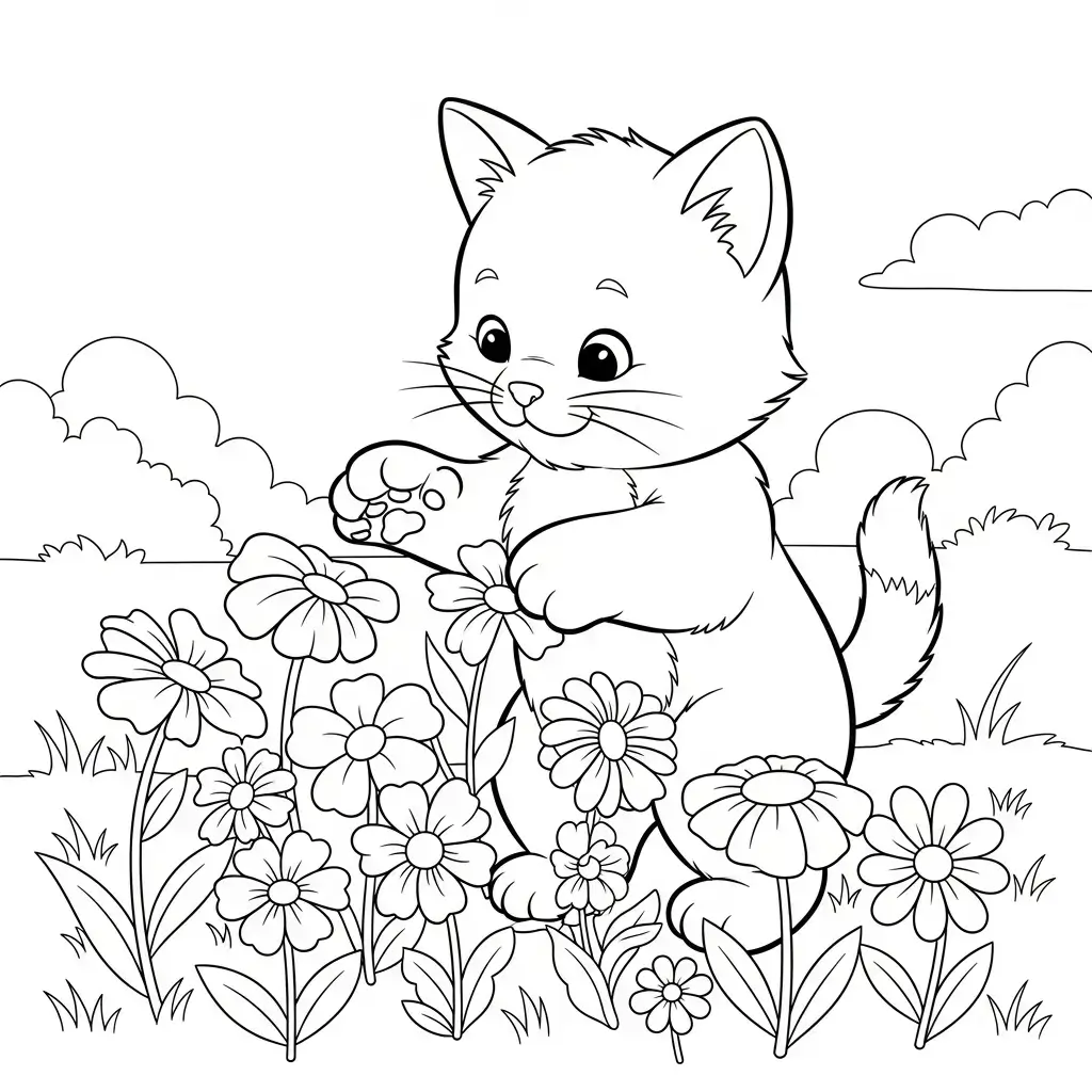 coloriage chaton et fleurs