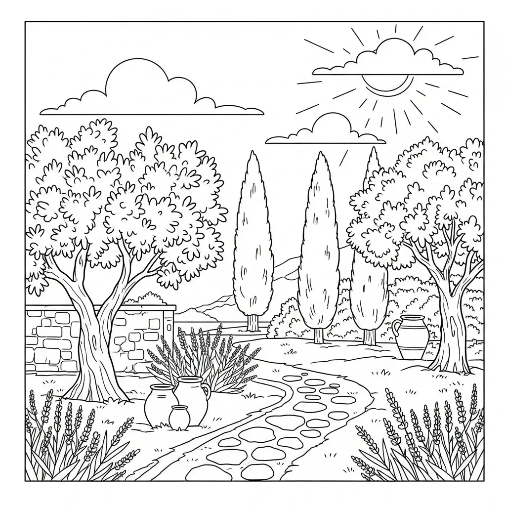 coloriage été jardin mediterraneen