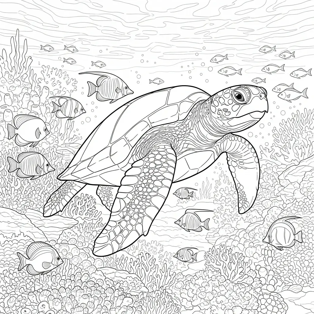 coloriage été tortue et poissons