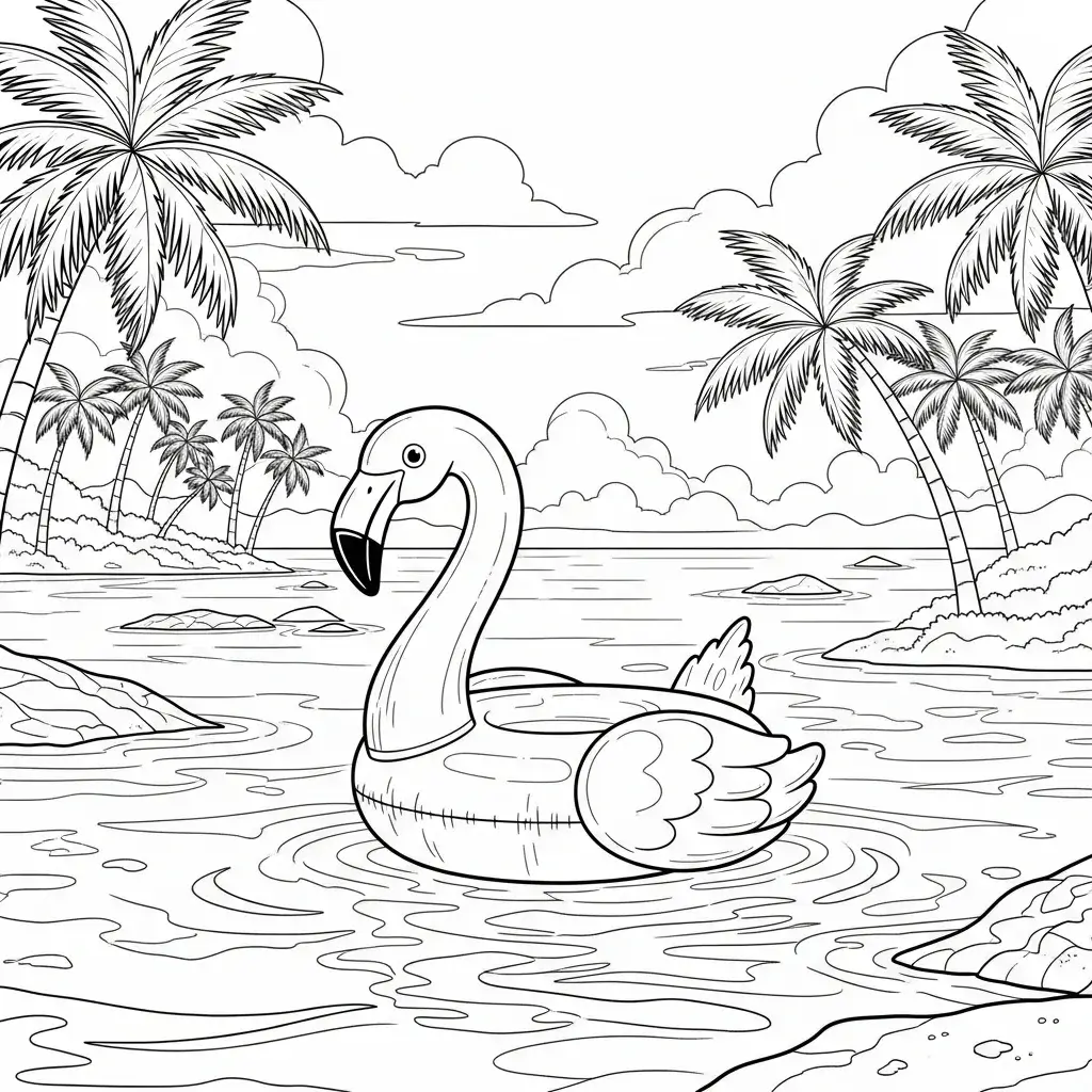 coloriage plage bouee flamant rose