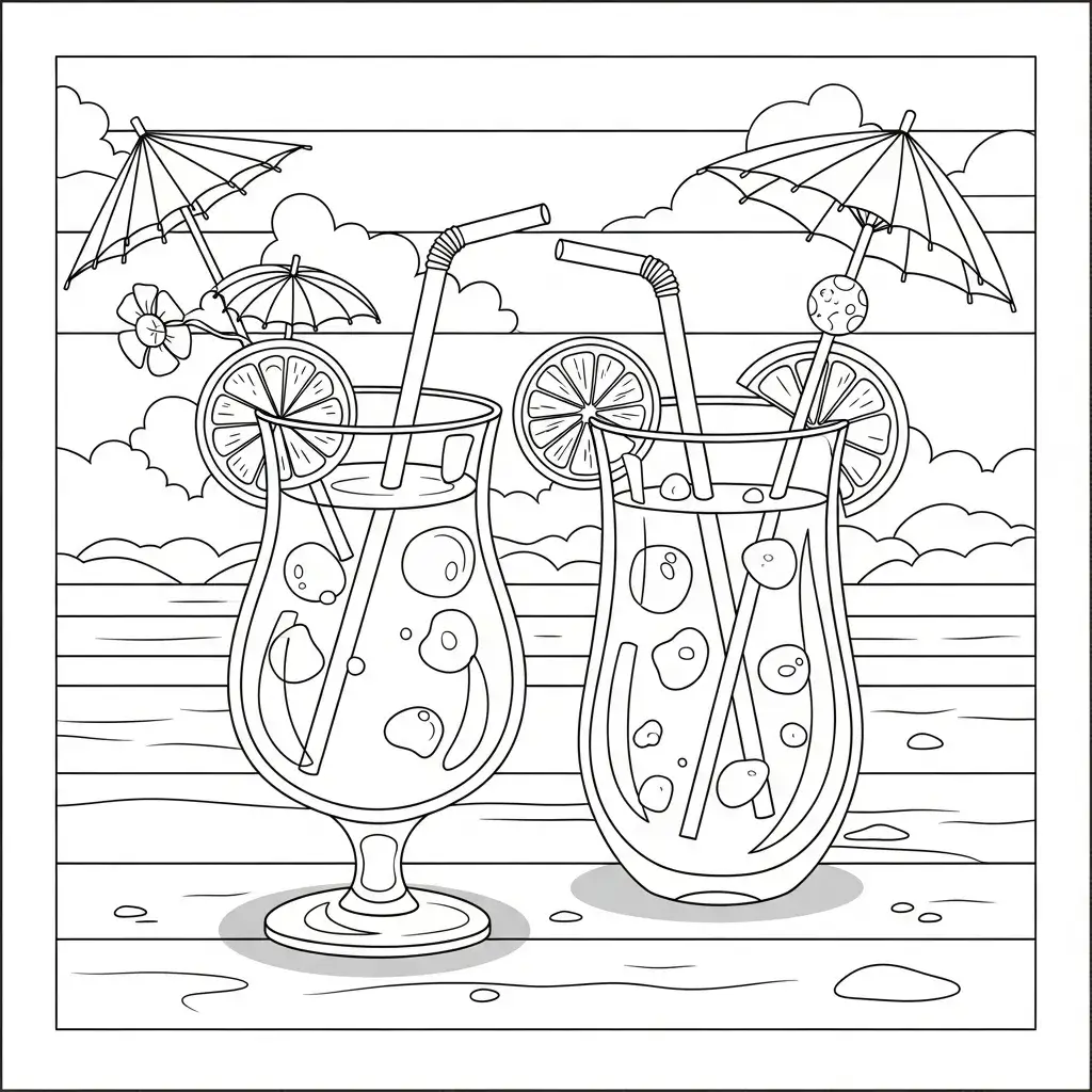 coloriage plage cocktails tropicaux