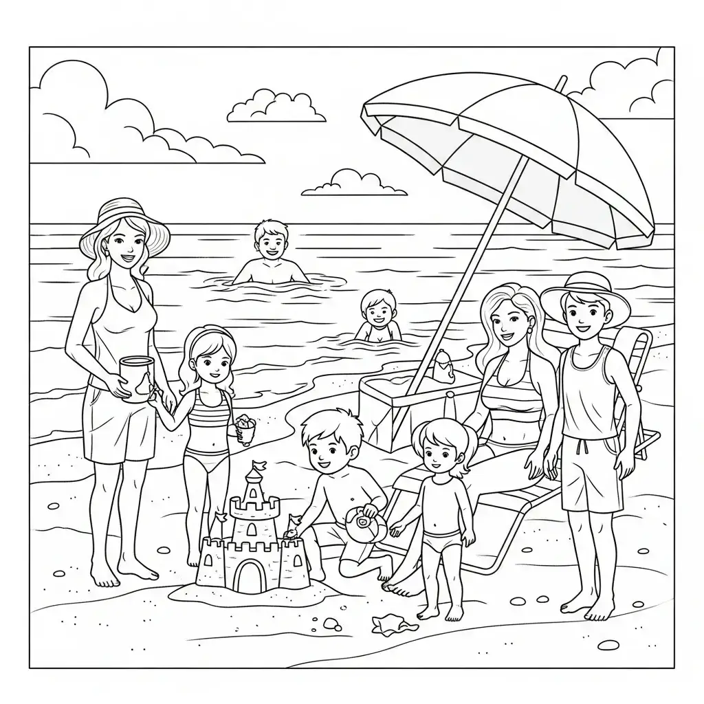 coloriage plage famille
