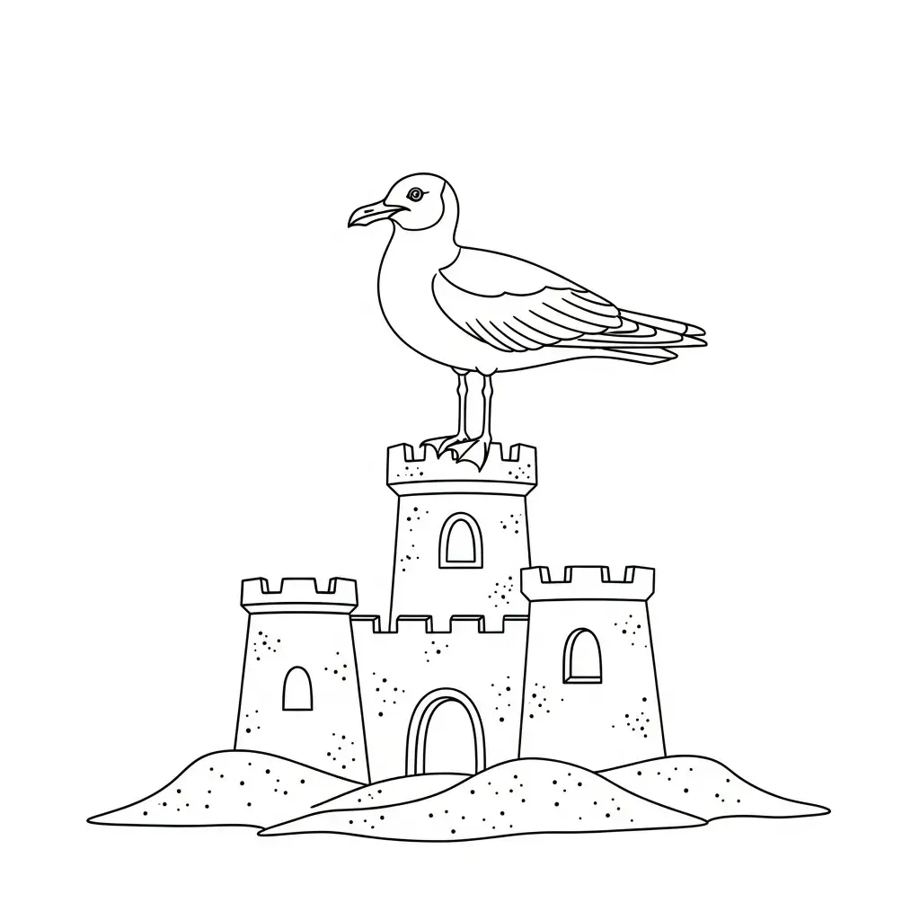 coloriage plage mouette et chateau de sable