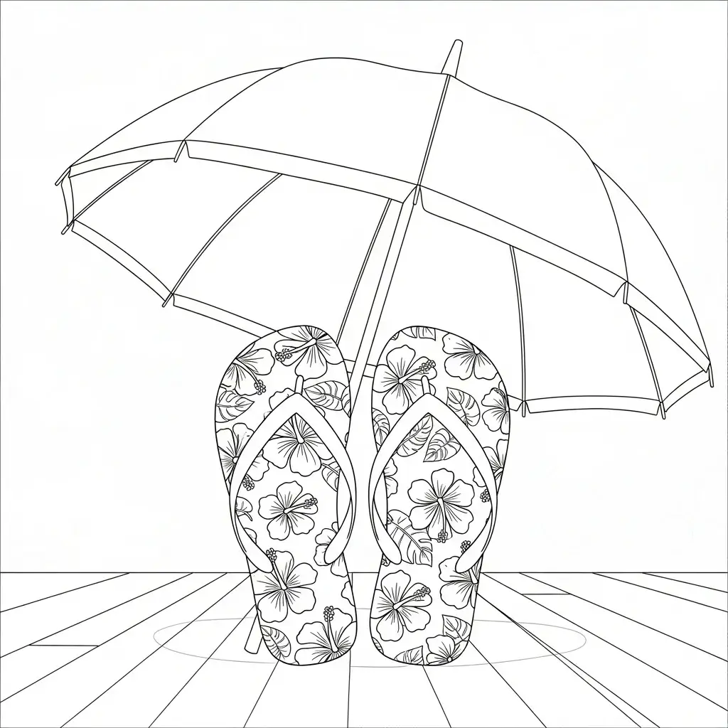 coloriage plage tongs parasol